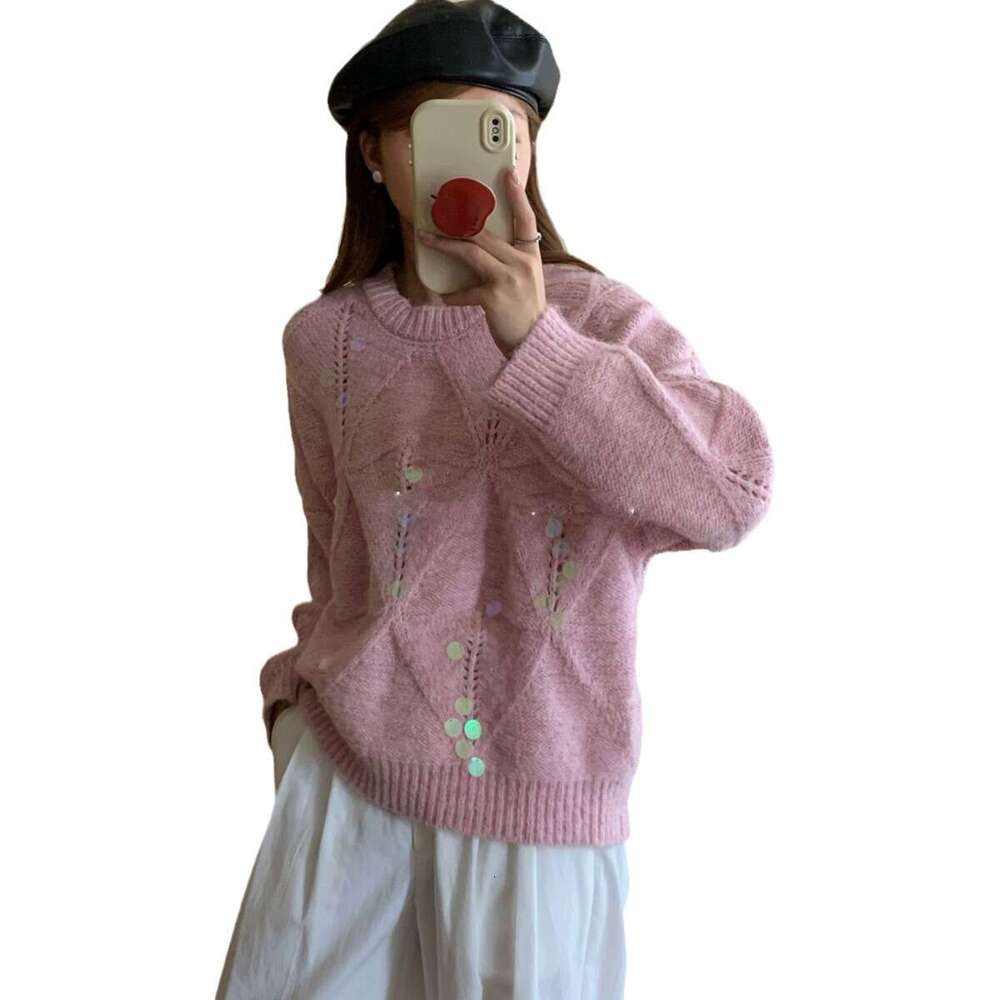 French Style Sequin Hollow Soft Sweater Knitwear For Women Autumn Winter Heavy Craft Design Niche Lazy Loose Top B5