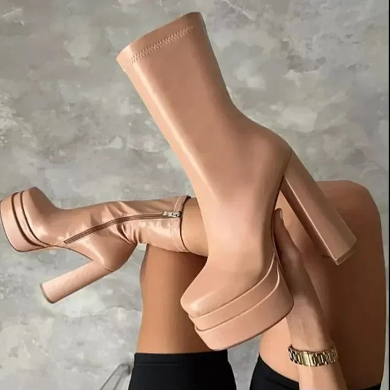 Women Sexy Chunky High Heels Ankle Boots Winter Fashion Platform Elasticity Boots Punk Zipper Thick Sole Booties 250729