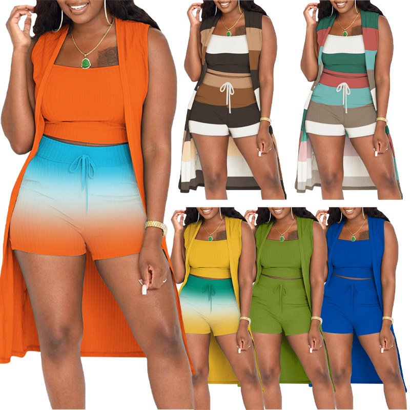 F1351 Autumn Winter Womens Ribbed Round Neck Fashion Slim Gradient Three-Piece Set