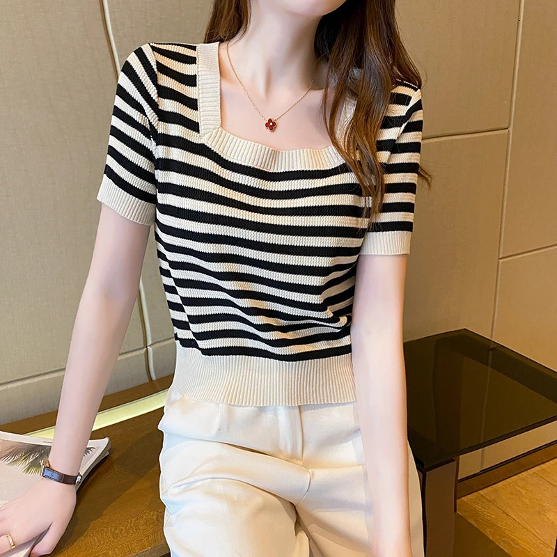 Summer Short Sleeve Striped TShirt Women Knitted Shirts Pullover Tops Female Elastic Casual Knit Tee Womens TShirts Crop Tops 250724