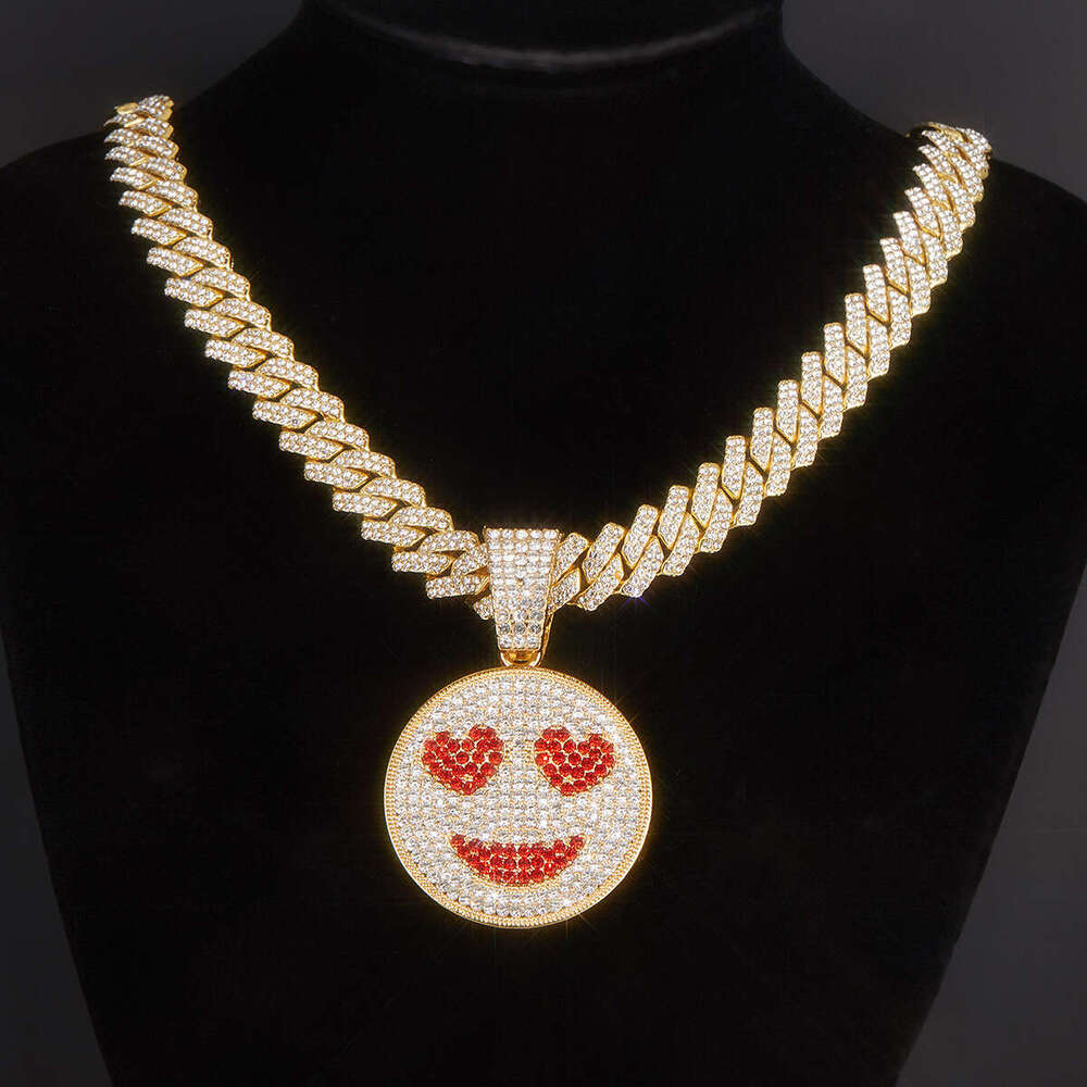 Full Dia Multi-color Heart Smiley Pendant Creative Personality Alloy Cuban Chain Street Fashion Necklace