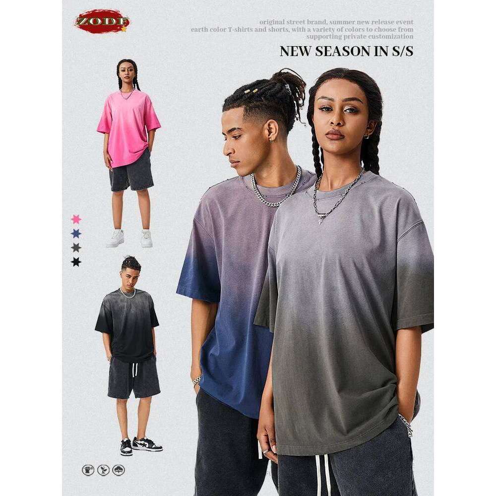 ZODF New Men's Summer Washed Gradient Cotton T-Shirts Unisex Women Retro Distressed 310gsm Ripped T Shirt Brand Tops HY0859