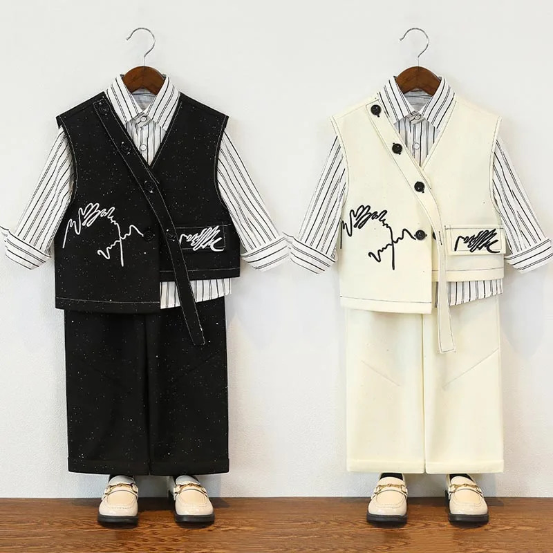 Children Suit Retro Starry Sky Vest Set for Boys Birthday Party Tuxedo Beige Elegance Kids Wedding Piano Performance Outfits 8 Y 250729