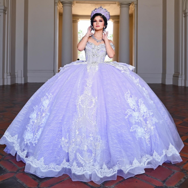 Lavender Quinceanera Dresses Off The Shoulder Applique Lace Beading Crystal Tull Ball Gown Vestidos De 15 Anos Sweet 16 Dress