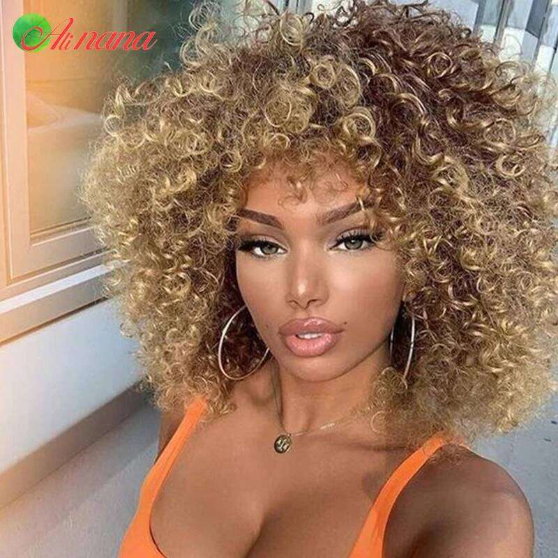Brazilian Bouncy Scarf Ginger/Brown/ Blonde Color Full hine With Bangs Curly Style100% Human Hair Wig For Women