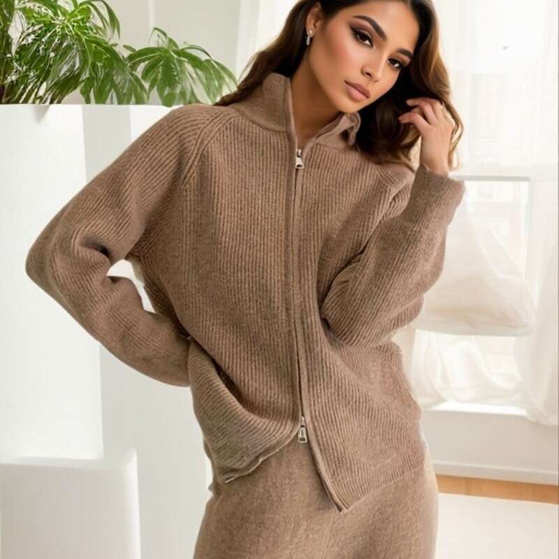 Autumn Winter New Thickened Style Knitted Suit Women Zipper Turn-Down Collar Sweater Cardigan + Wide-Leg Pants B5