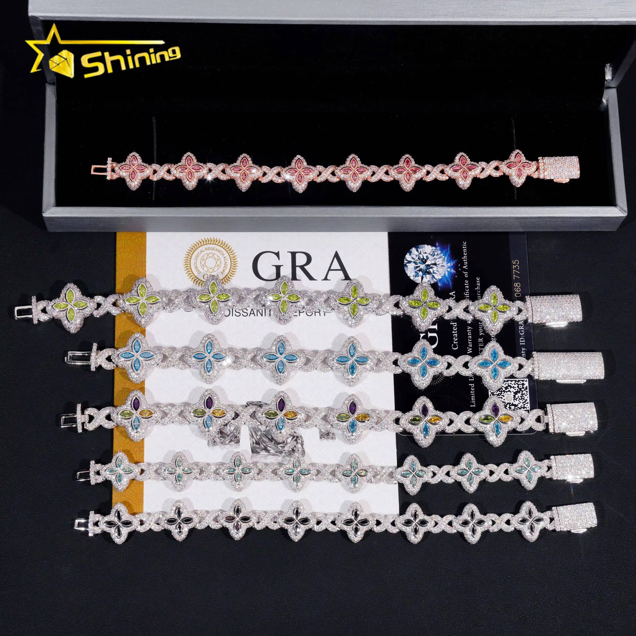 New Arrivals 925 Silver Color Marquise Clover Hip Hop Moissanite Diamond Infinity Link Bracelet