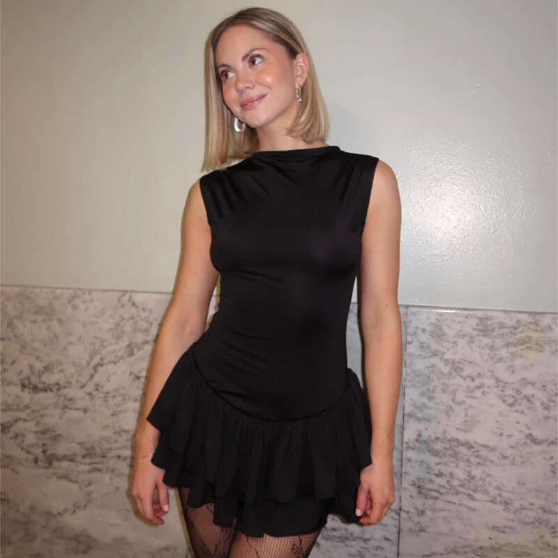 Yds119 Women's Summer New Color-Block Round Neck Sleeveless Lace Fashion Sexy Short Dress B5