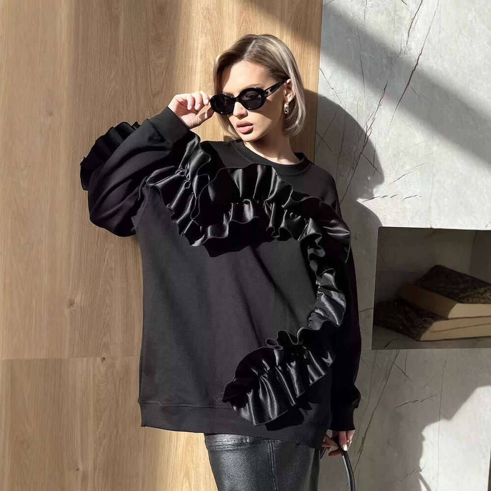 Heart Lace Trim Design Color-Block Sweatshirt Round Neck Long Sleeve Casual Loose Fleece Top For Women B5
