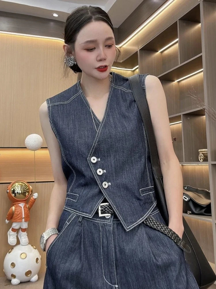 Summer Womens Denim Pants Suit Sleeveless Vneck Single Breasted Split Top Vest High Waist Wide Leg Lady Sets 250730