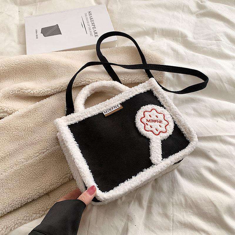 2022 Winter New Korean and Japanese Style Plush Women's Solid Color Color-Block Design Single Shoulder Crossbody Bag