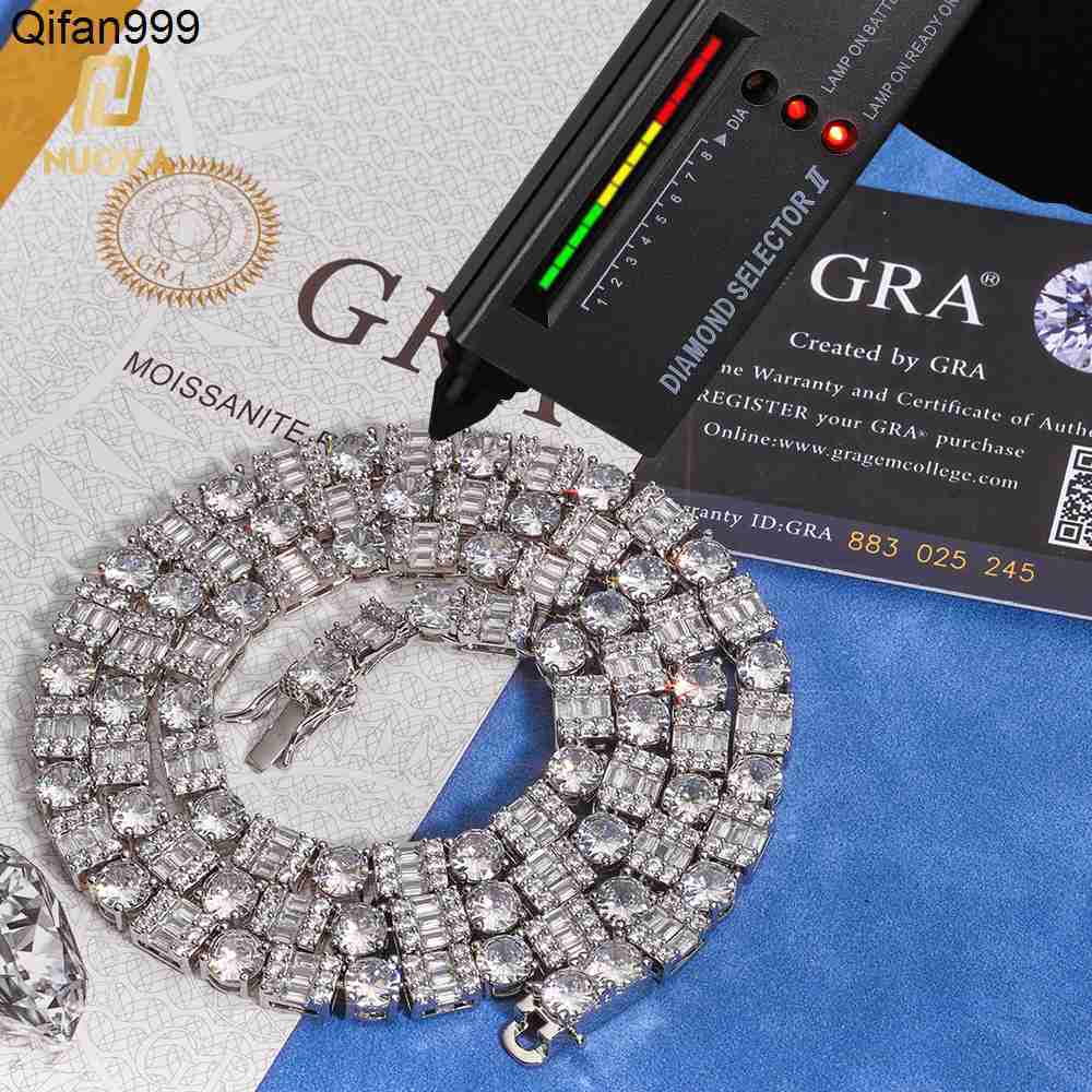 NUOYA Hip Hop Fine Jewelry 925 Silver Tennis Chain Iced Out Mixed Inlay Baguette Round VVS Moissanite Necklace for Women