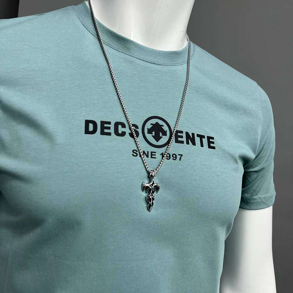 Short Sleeved T-shirt Men Summer New Letter Fashion Round Neck Homme Top Silk Cotton Slim Fit Trend Causal Daily Wear Man Tees