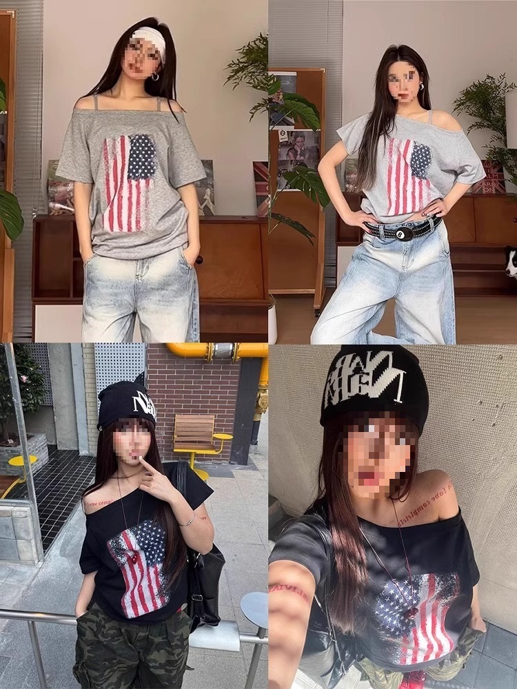 2025 Summer Retro Versatile Loose Sexy Girl American Fashion T-shirt Off Shoulder Top Printed Slimming Grey Short Sleeve New Designer T-shirt