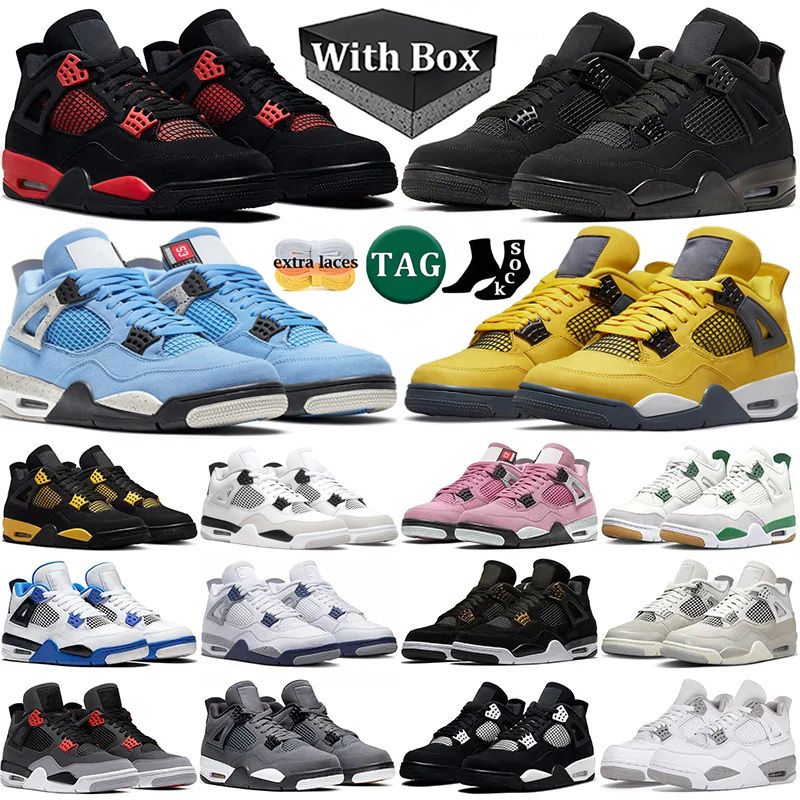 With box 4 Basketball Shoes For Men Women 4s Military Black Cat Pine Green Seafoam White Oreo Red Thunder Cement Unc Medium Olive Sail Mens Trainers Outdoors Sneakers
