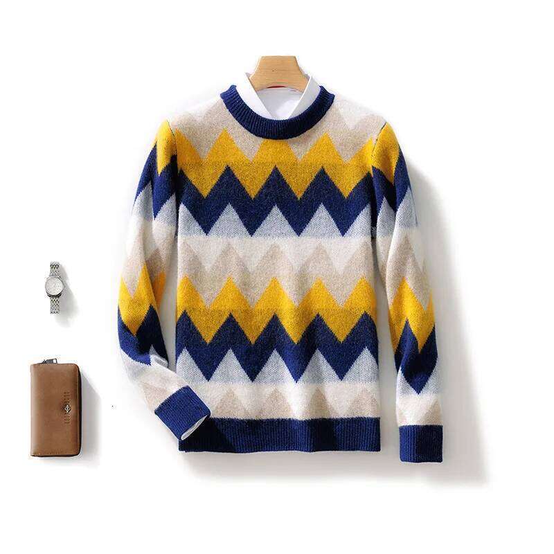 Men's 100% Merino Wool Soft Sweater O-Neck Stripe Pullover Contrast Casual Knitting Jumper Thickened Autumn Winter Loose Top MDNG