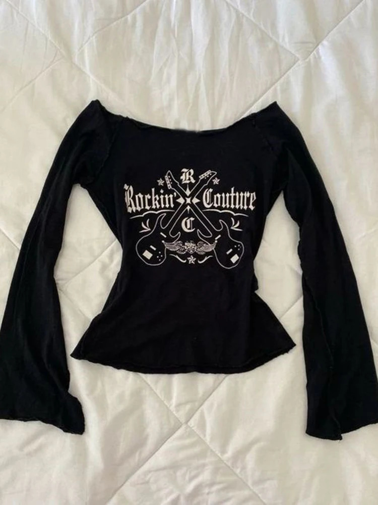 Womens Hip hop 90s Vintage Punk TShirt autumn Streetwear Sexy Short Sleeve Gothic Slim Crop Top girl Casual Femme Tee y2k 250724