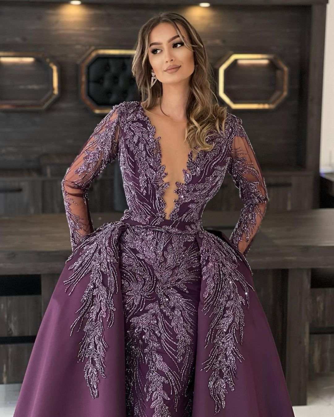 Purple Fashion Customized Mermaid Evening Dresses Elegant Women Crystal Beading Long Sleeves Sweep Train Dress Party Gowns