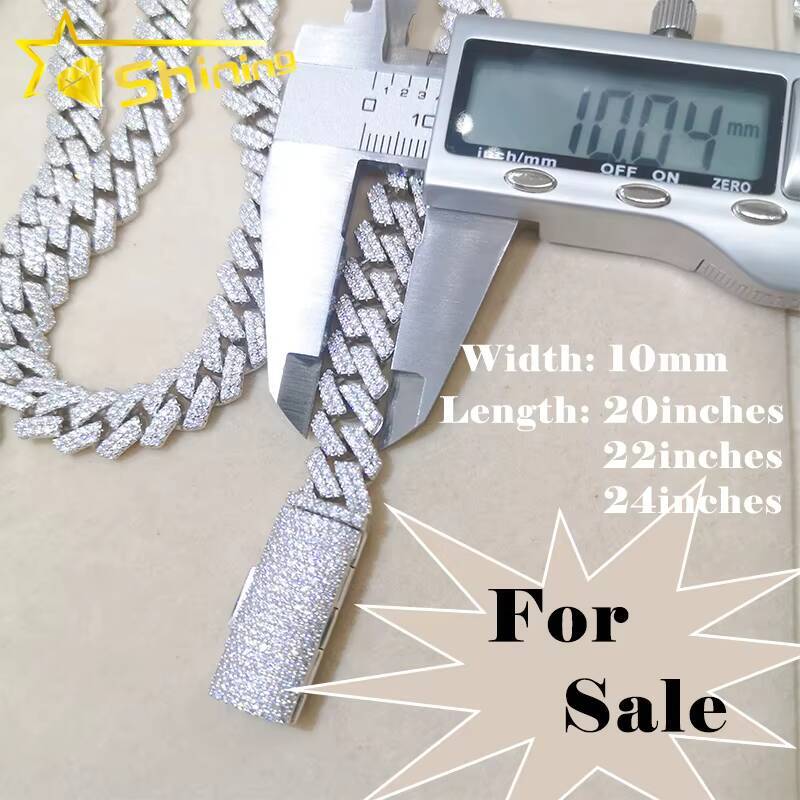 Wholesale Price Ice Out Hip Hop Men Cuban Necklace 10MM 2Rows 925 Sterling Silver Moissanite Miami Cuban Link Chain