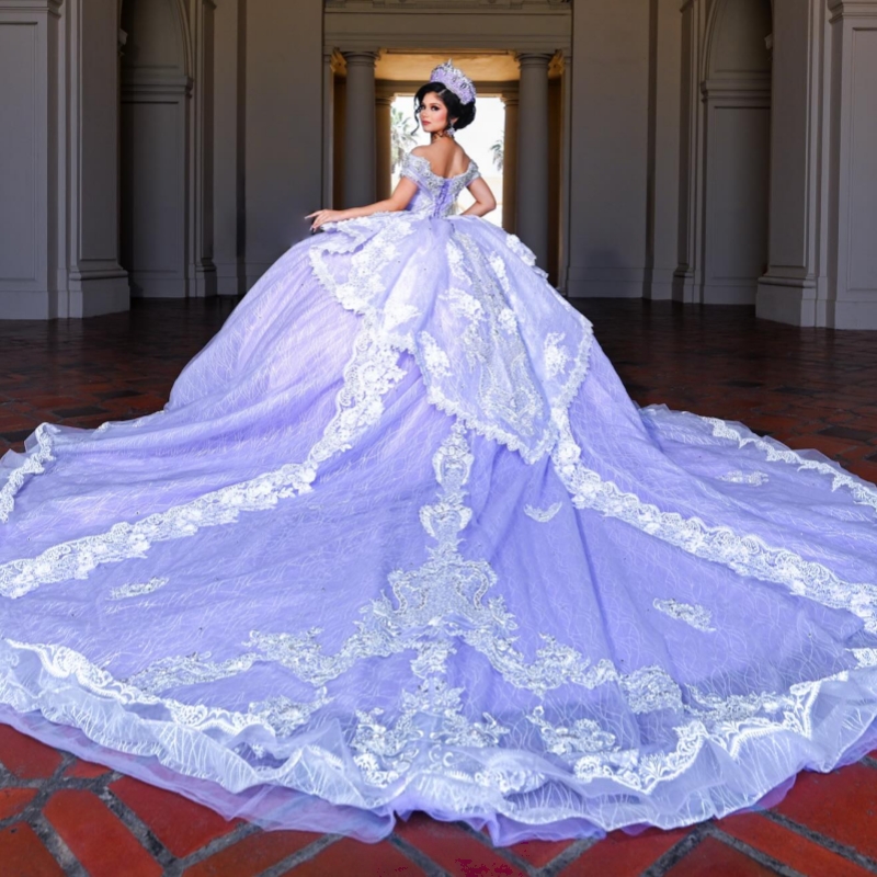 Lavender Quinceanera Dresses Off The Shoulder Applique Lace Beading Crystal Tull Ball Gown Vestidos De 15 Anos Sweet 16 Dress