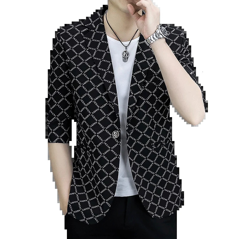 2025 Mens Summer Casual Slim Business Wedding Fashion Trend Handsome half sleeve Blazer Print Small Suit 250724