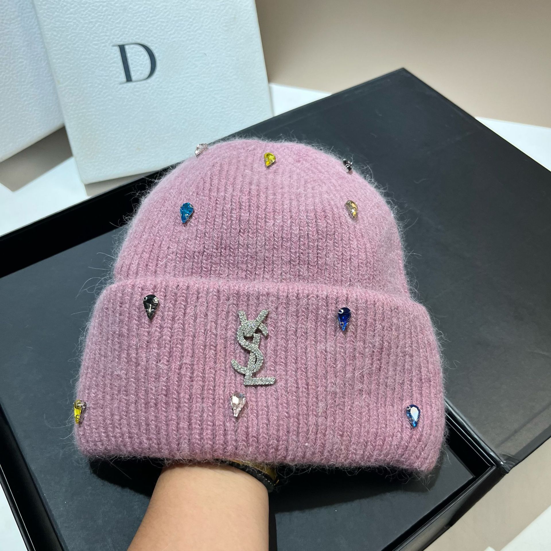 Colorful rhinolite wool hat small design rabbit hair knitted hat winter warm ear protection hat 2025s hot