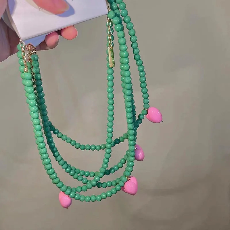 Trend Vintage Resin Acrylic Pink Love Heart Green Beaded Necklace for Women Aesthetic Jewelry Fashion Neck Accessories 250729
