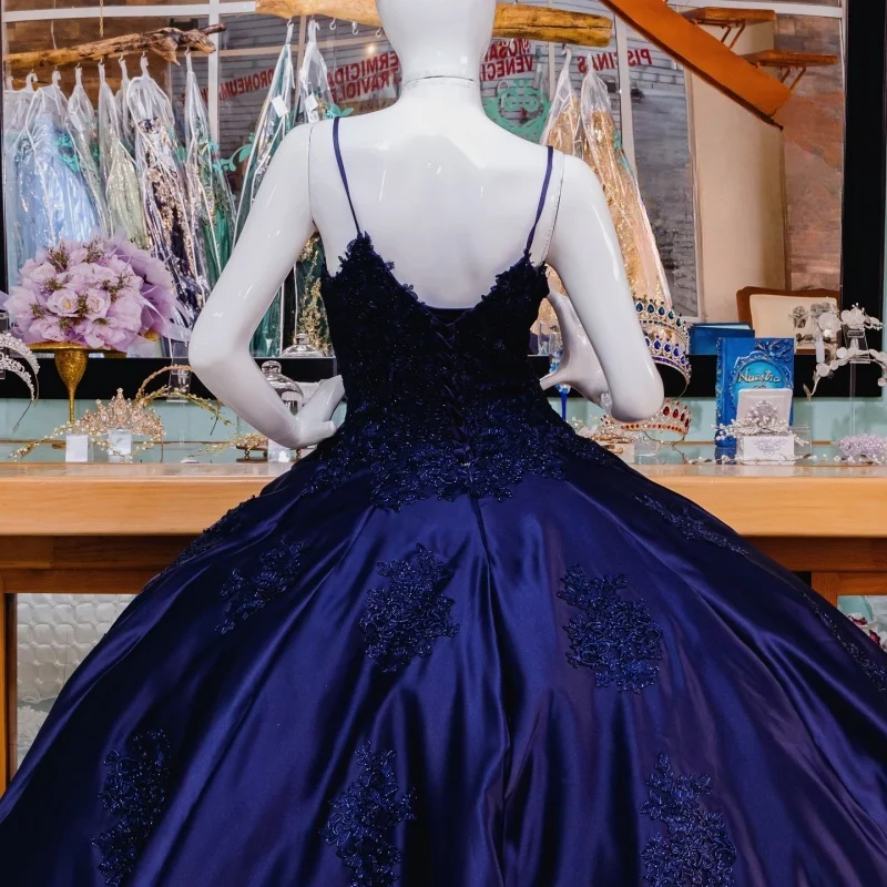 Navy Blue Quinceanera Dresses Spaghetti Strap Applique Lace Beads Party Birthday Vestidos De 15 Anos Sweet 16 Dress