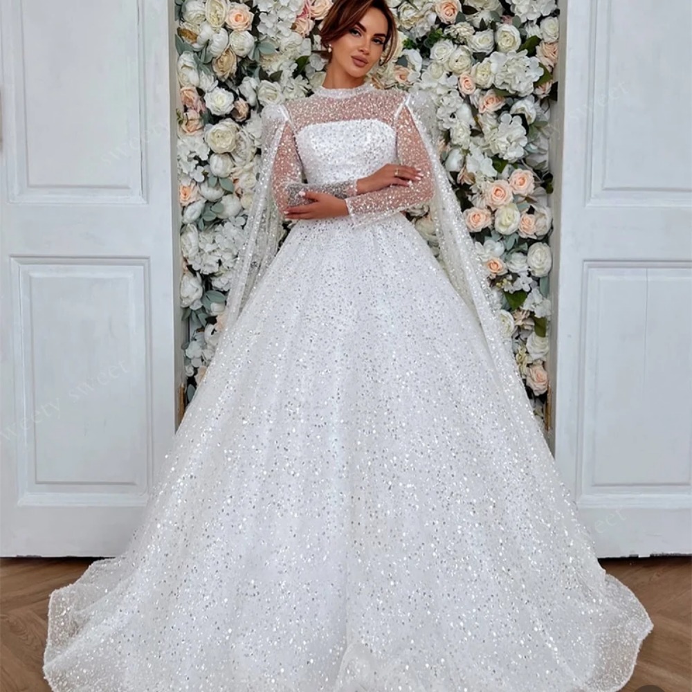 Luxurious Wedding Dresses Fully Beaded A-Line Ball Gown High-Neck Full Sleeve Customized Bridal Gowns Vestido De Novia Button Shawl