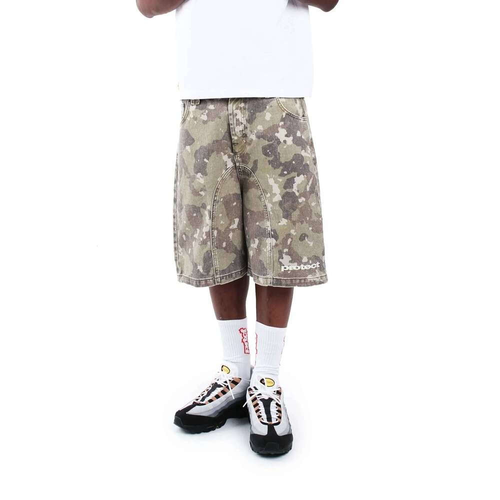 American Retro Denim Y2K Jeans Letter Embroidery Washed Camouflage Baggy Shorts Low Waist Over The Knee Pants
