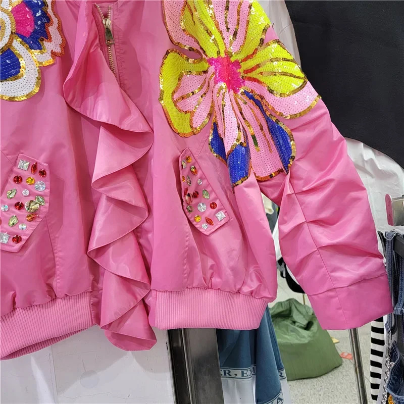 Spring Women Fashion Ruffled Patchwork Diamond Sequin Flowers Baseball Jacket Stand Collar Long Sleeve Bomber Coat Female Casual 250730