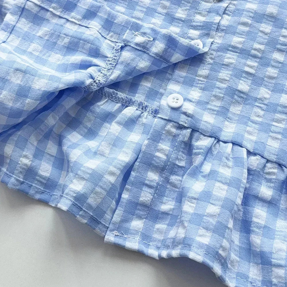 Blue and White Grid Fresh Casual Girls Clothing Lace Sleeveless Single Breasted Vestwide Leg Pants Two-piece Set for Summer 250729