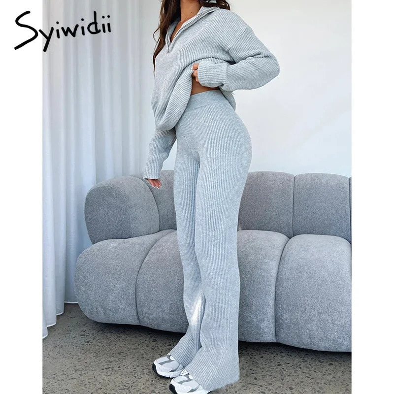 Syiwidii Autumn Winter Elegant 2 Piece Sets for Women Zipper Long Sleeve Sweaters Straight Pants Fashion Casual Knitted Suit 250730
