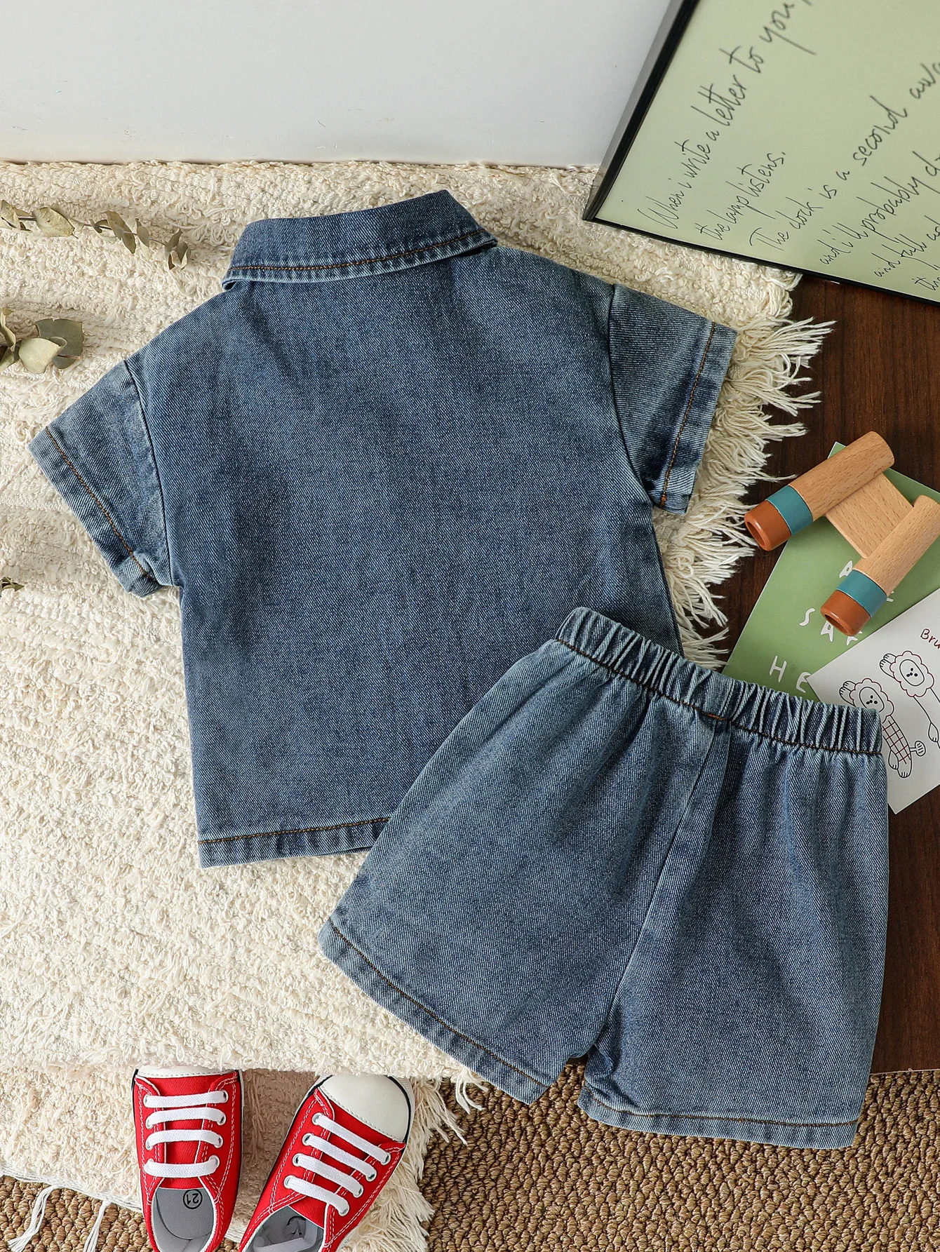 Summer Baby Solid Denim Short Sleeve Set Boys /Girls Denim Shirts Shorts Two Piece Set Simple Casual Fashion Streetwear 250729
