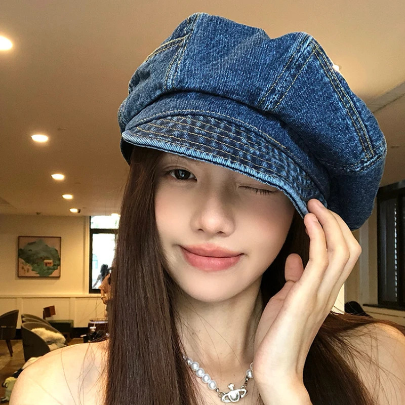 Japanese Retro Denim Cloud Berets Cap for Women Spring and Summer Casual Versatile Simple Literary Style Octagonal sboy Hat 250729
