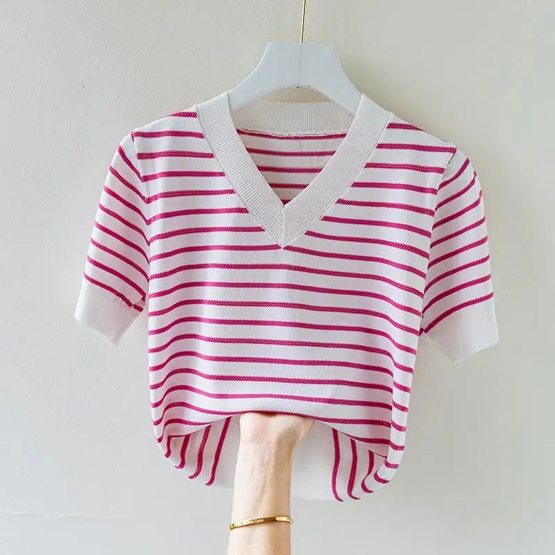 Stripe Versatile Pullover Female Knitted TShirt Summer Short Sleeve VNeck Tees Korean Clothing Fashion Women Casual Tops 2023 250724