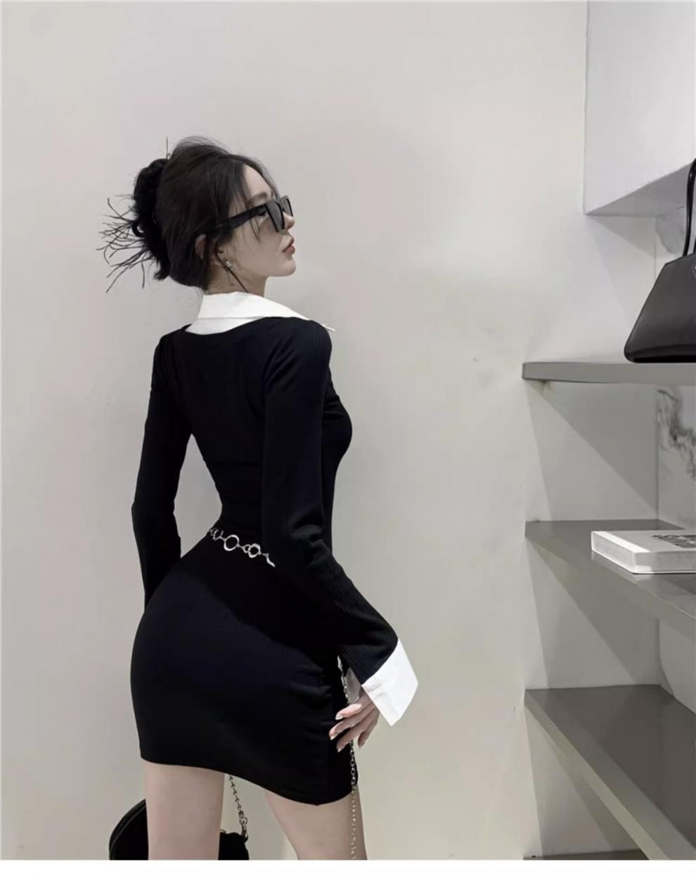 Pure Desire Style Sexy Fake Two Piece Shirts Long sleeved V-neck Dress Spring and Autumn Dress Spicy Girl Wrapped Hip Short Skir