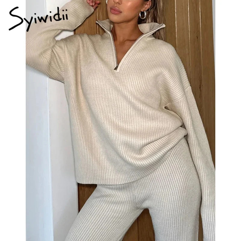 Syiwidii Autumn Winter Elegant 2 Piece Sets for Women Zipper Long Sleeve Sweaters Straight Pants Fashion Casual Knitted Suit 250730