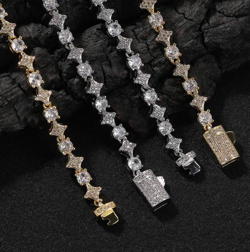 Fashion 6mm Star Tennis Chain Necklace for Men Copper Inlaid Zircon Hip-hop Personality Bracelet