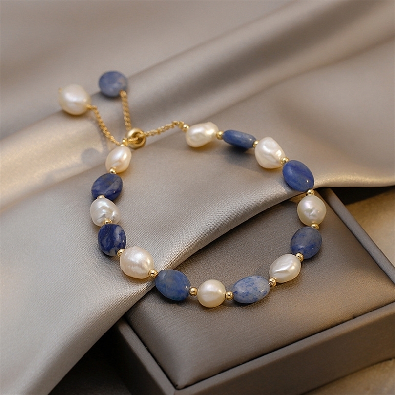 Trendy Blue Jade Stone Baroque Freshwater Pearl 14K Gold Filled Female Charm Bracelet Jewelry For Women Birthday Gifts 250730