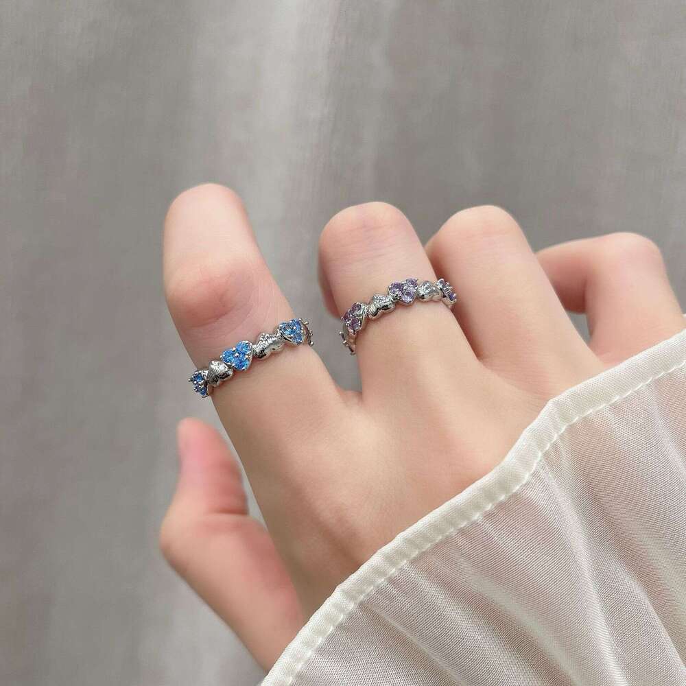 TikTok Korean Style Niche Heart-shaped Sea Blue Purple Diamond Ring with Fresh and Simple Design 684