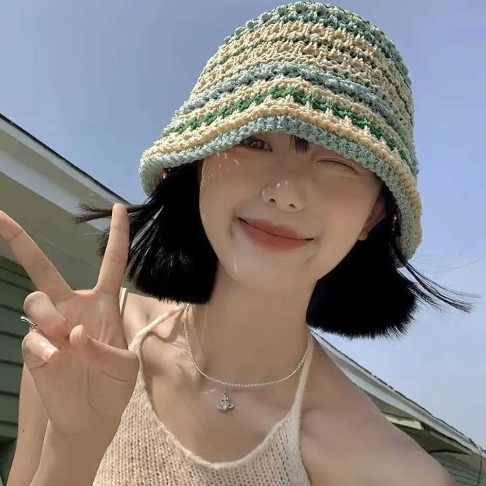 Striped Knitted Hollow Fisherman Hat UV Protection Big Eaves Str C Mticolor Breathable Sun Hat Summer Y250730