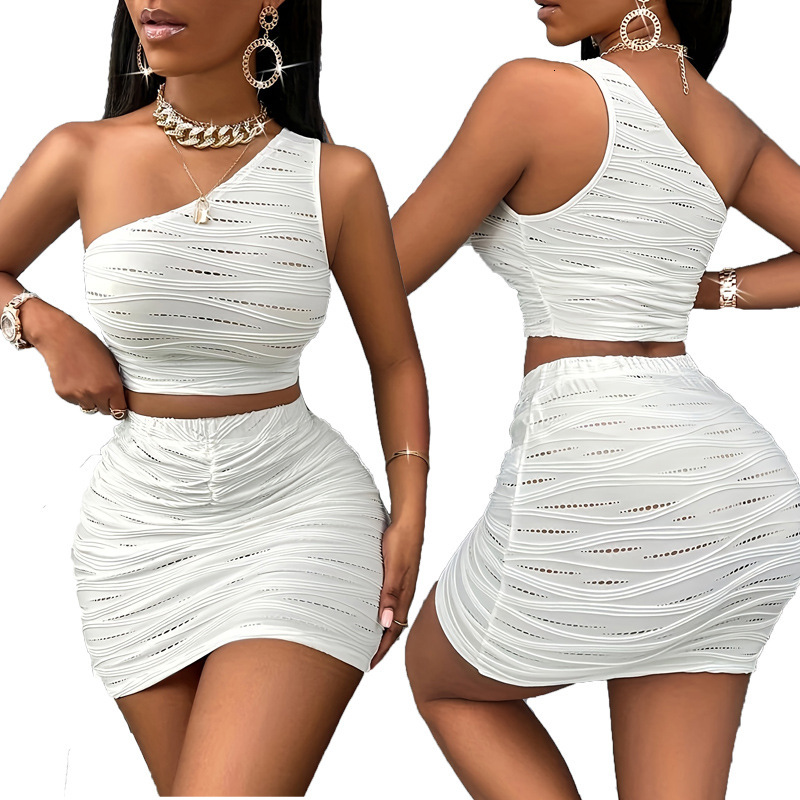 F2126 New Womens Ruched Asymmetrical Shoulder Skirt Fashionable Elegant Solid Color Set