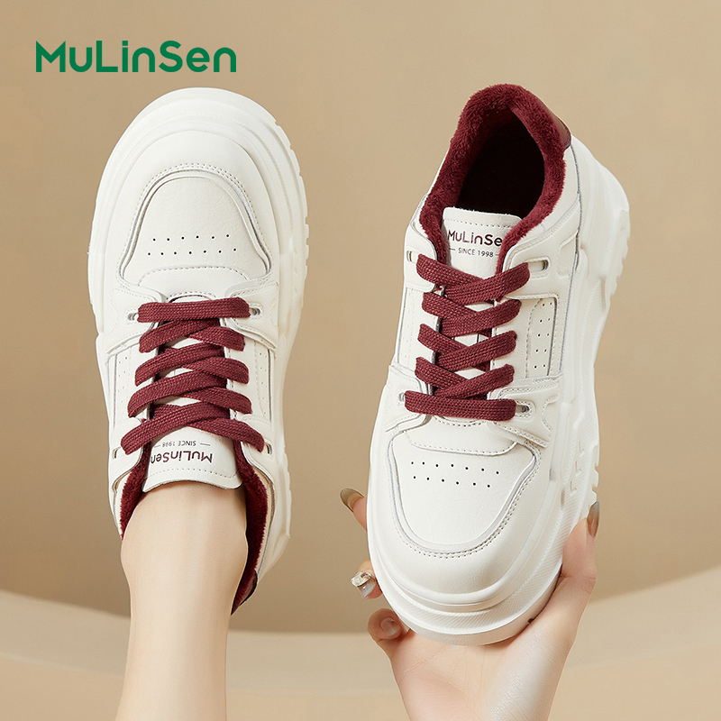 Mulinsen thick-soled white shoes for women 2025 four seasons new versatile casual sports genuine leather platform shoes small size sneakers