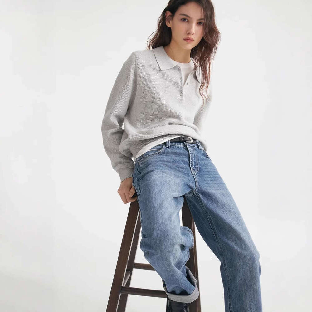 Autumn Winter Polo Collar Solid Color Sweater Women Versatile Casual Style Pullover Knitwear B5