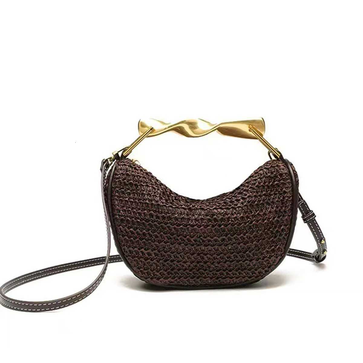 Summer Metal Handle Crossbody Zipper Woven Beach Bag Reliable Crescent Shaped Beach Str Woven Shoulder Crossbody Bag Y250730