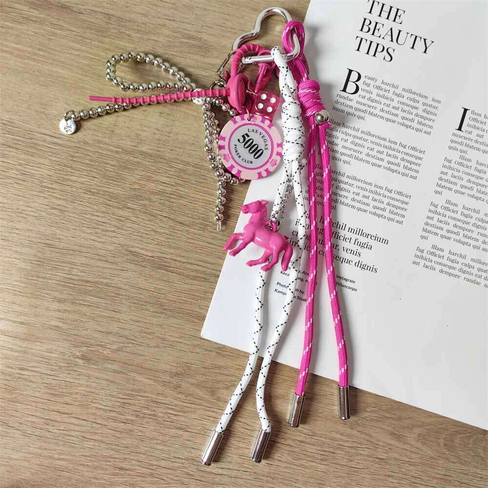 Y2K Rose Pink Chip Silver Bow Chain Keychain Women's Bag Pendant