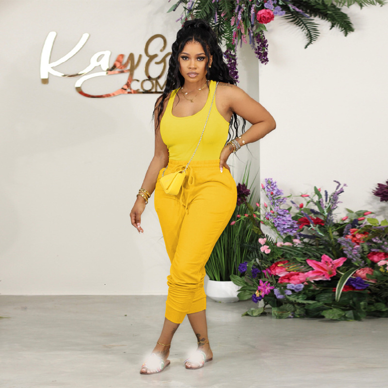 F1357 New Womens Fashion Casual Solid Color Vest and Sweatpants Set