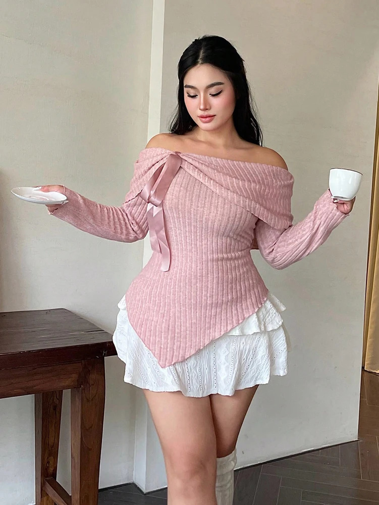 Plus Size Womens Solid Color Strapless Long Sleeve Simple TShirt Spring Daily Casual Dress Up Cute Wind Pure Polyester 250729