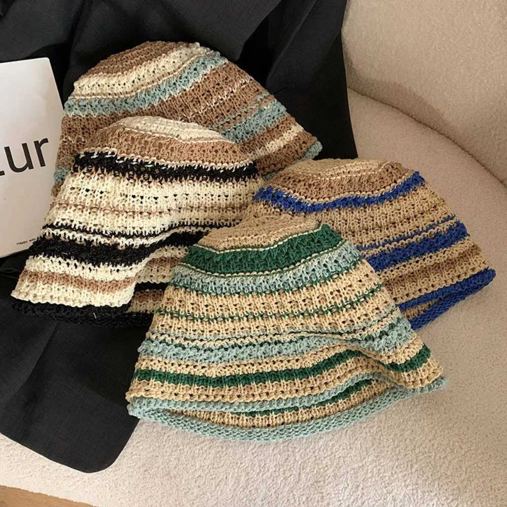 Fashion Striped Fisherman Hat Big Eaves Breathable Crochet Hat UV Protection Mticolor Str C Summer Y250730